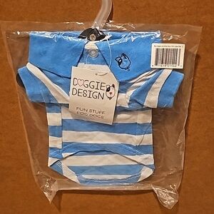 Doggie Design striped blue and white polo, size small, 100% cotton